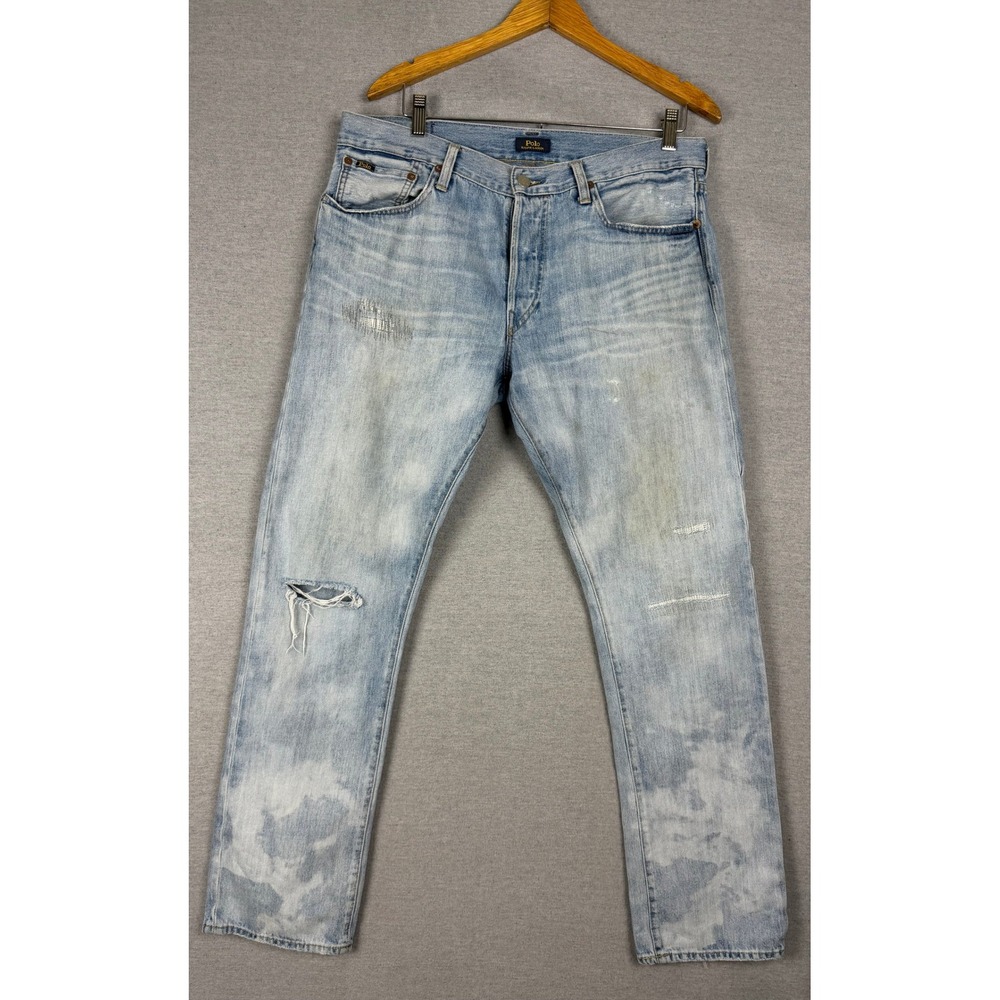 Polo Ralph Lauren Varick Slim Straight Distressed Light Wash Jeans‎ Mens 33x32